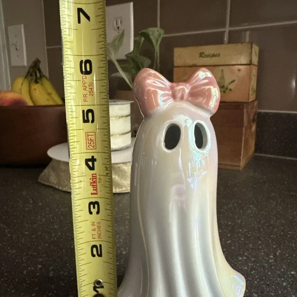 Ceramic Ghost LED Light Iridescent Pink Bow Halloween Decor 6” Battery Operated
